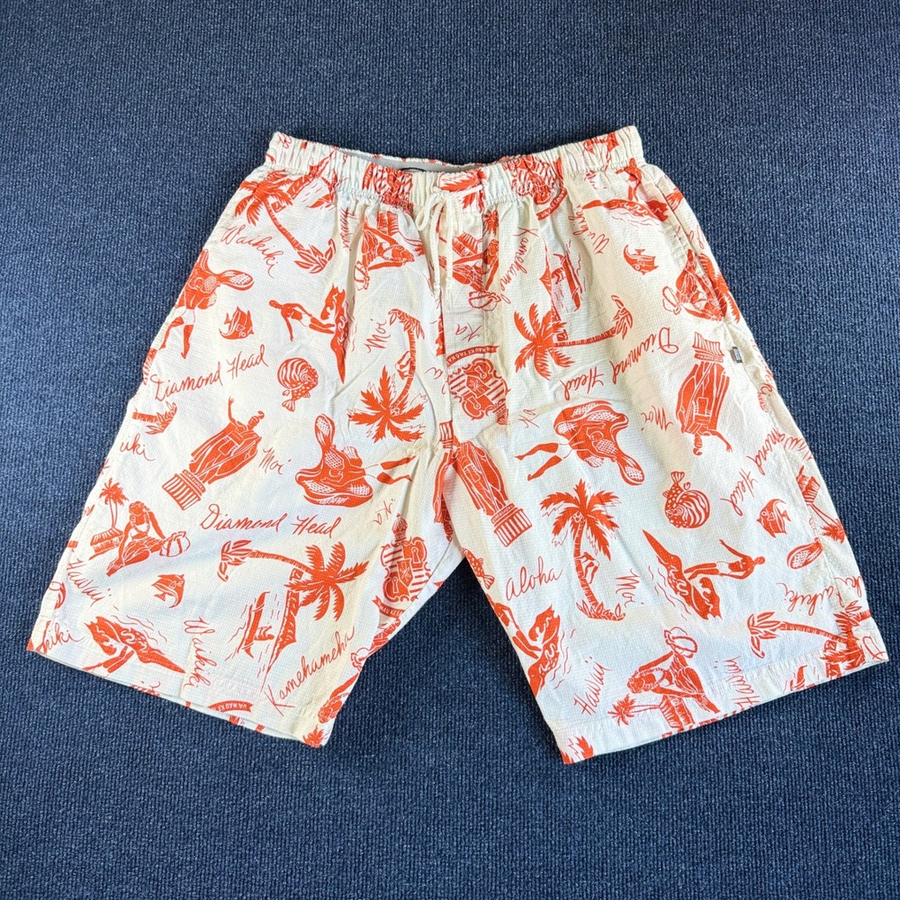 Ocean Pacific OP Mens Hawaiian Print Cotton Shorts Orange Cream Large Waikiki